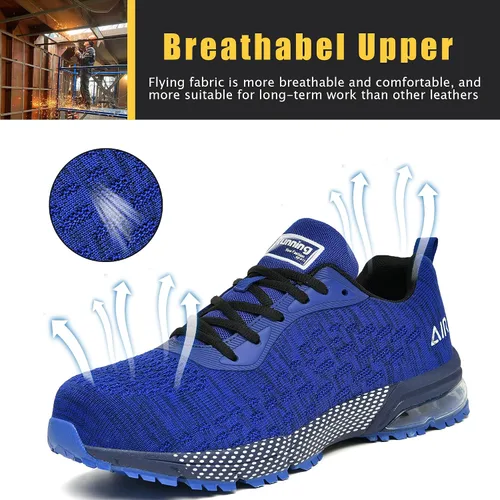 Vista 4 de HiHatide - Zapatos con punta de acero para hombre, zapatos de trabajo, zapatos de seguridad, con amortiguación de aire, ligeros, antideslizantes