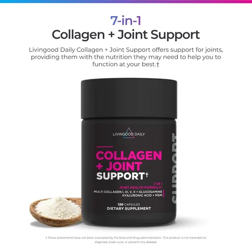 Vista 2 de Livingood Daily Colágeno + apoyo articular, péptidos de colágeno múltiple alimentado con pasto I III V X con ácido hialurónico, suplemento de apoyo