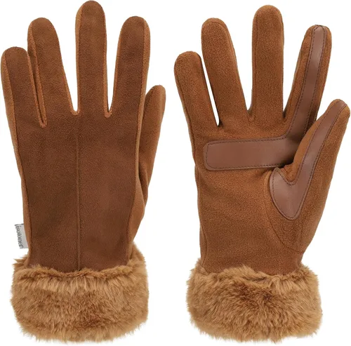 Vista 5 de isotoner Women's Water Repellent Touchscreen Stretch Mya Faux Fur Cuff Gloves Coñac