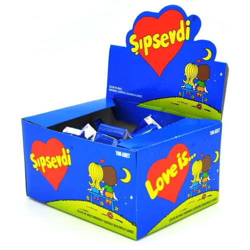 Vista 2 de Love Is (Sipsevdi) Goma de Mascar, goma de azúcar con sabor a banana y fresa, de Love Is (Sipsevdi) 1 paquete de 100 piezas