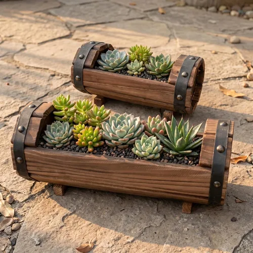 Vista 3 de DOITOOL Macetas de medio barril para exteriores, paquete de 2 macetas rústicas de madera maciza para plantas, juego de macetas de barril de vino