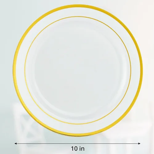 Vista 6 de Vplus 100 piezas de platos de plástico dorados de 10 pulgadas desechables, platos de plástico resistentes blancos elegantes y duraderos con borde
