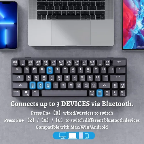 Vista 3 de DIERYA DK63N Teclado mecánico 60 inalámbrico con cable con teclas de flecha teclado para juegos Bluetooth 51 programable retroiluminación RGB real