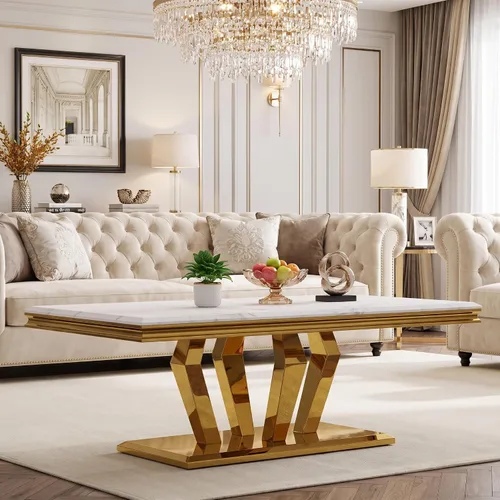 Vista 9 de ACEDÉCOR Mesa de centro plateada y blanca, mesa auxiliar rectangular de mármol plateado, mesa central elegante de lujo para sala de estar, pasillo