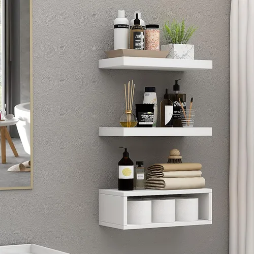 Vista 8 de RANK Estantes de baño sobre el inodoro, estantes flotantes montados en la pared, almacenamiento de papel higiénico, estante pequeño de decoración