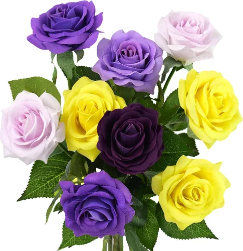 Vista 20 de FiveSeasonStuff 12 tallos de flores artificiales azul hielo, rosas de seda de tacto real para decoración de boda, en caja de regalo Azul helado
