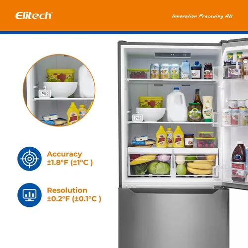 Vista 4 de Termómetro de frigorífico Elitech, termómetro digital para refrigerador y congelador a prueba de agua, pantalla LCD grande, función de registro
