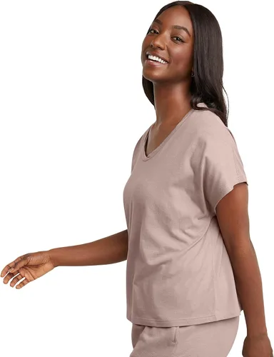 Vista 3 de Hanes Camiseta de manga corta con cuello torcido original para mujer, ajuste cuadrado