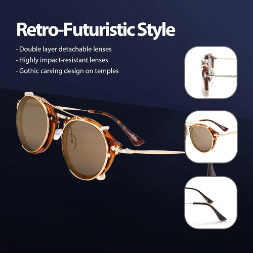 Vista 4 de Technigadgets Wilson - Lentes de sol de doble puente retro steampunk redondos con clip de doble capa extraíble polarizados UV400