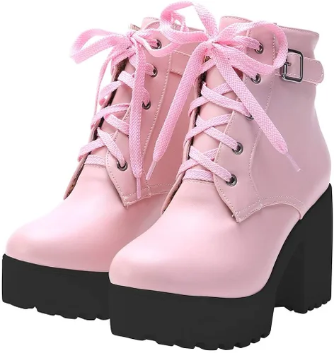 Vista 2 de Parisuit Botines gruesos con cordones para mujer, con plataforma, tacón alto, botines de moda, para otoño e invierno