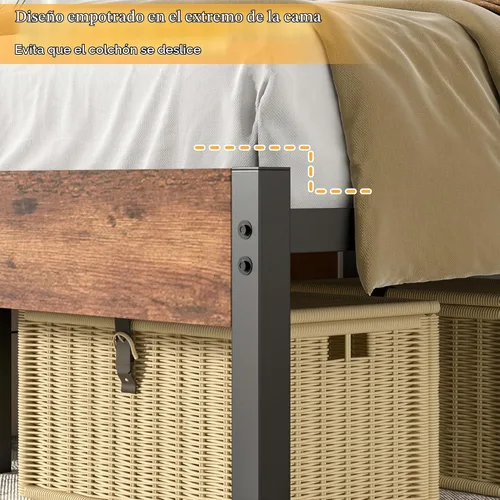 Vista 8 de VECELO Base de cama tamaño individual, plataforma de metal resistente con cabecera de madera, no necesita somier, color marrón antiguo