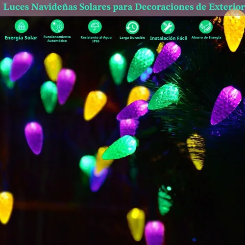 Vista 4 de Luces solares de Navidad para exteriores, cadena de luces C6 de fresa, luces de Mardi Gras, 100 LED, 8 modos, impermeable, uso al aire libre