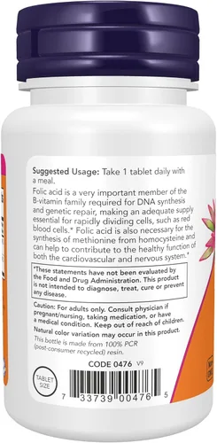 Vista 2 de NOW Foods Pestañas de ácido fólico de 800 mcg (paquete de 2)