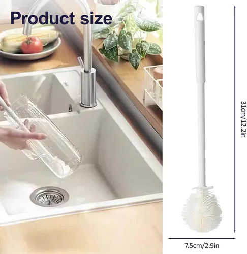 Vista 3 de Cepillo de silicona para botellas, cepillo de agua flexible de cerdas suaves de 360° con mango largo, cepillo de limpieza de tapa de taza