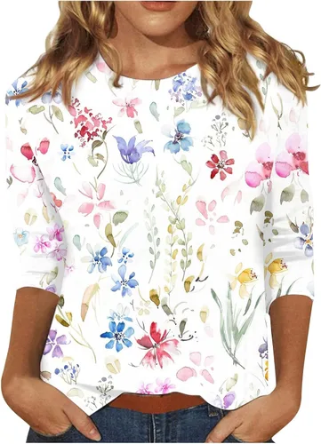 Vista 155 de Camisetas personalizadas para mujer, a la moda, casual, de séptima manga, estampada, cuello redondo, camiseta