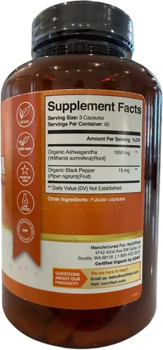 Vista 2 de NutriFlair Ashwagandha Cápsulas 1600 mg, 120 píldoras veganas (hechas con Ashwagandha orgánica y pimienta negra) - suplemento de polvo de raíz