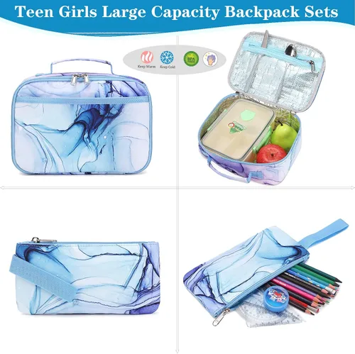 Vista 7 de Dafelile Mochilas escolares para niños y niñas, mochila para escuela primaria, mochilas para niños y niñas, resistentes al agua, azul Marble