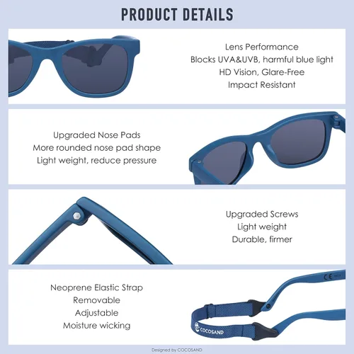 Vista 5 de COCOSAND Baby Sunglasses with Strap Square Frame UV400 Protection for Infant Baby Girl Age 0-24months