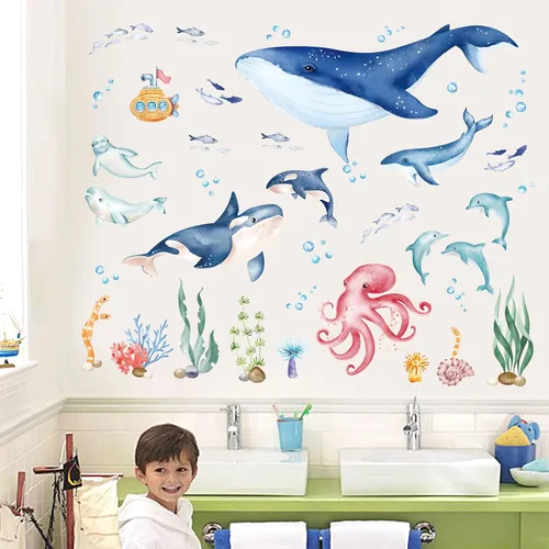 Vista 4 de wondever Calcomanías de pared con diseño de ballena marina y delfín