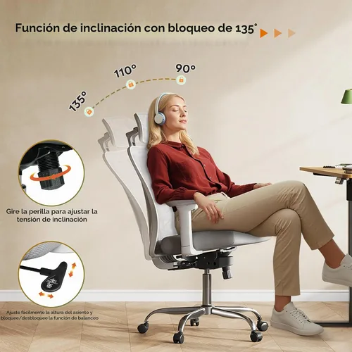 Vista 7 de DEVAISE - Silla ergonómica de oficina de malla con reposacabezas 3D ajustable y función de inclinación, silla reclinable grande y alta y cómoda