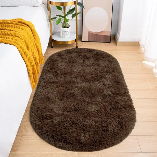 Vista 9 de Goideal - Alfombra esponjosa de dormitorio, alfombra pequeña ovalada, alfombra negra peluda para mesita de noche, ideal para habitación infantil