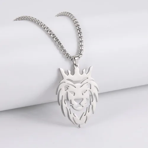 Vista 5 de UNIFT Collar de león para hombre, de acero inoxidable, estilo hueco, cabeza de león, dije de moda, dije de cabeza de león, caja de cadena, joyería