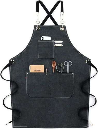 Vista 11 de NEWGEM Delantal de mezclilla de algodón con bolsillos para mujer, cocina, cocina, jardinería, pintura #1 Denim Algodón Azul Claro Con Lazos En La