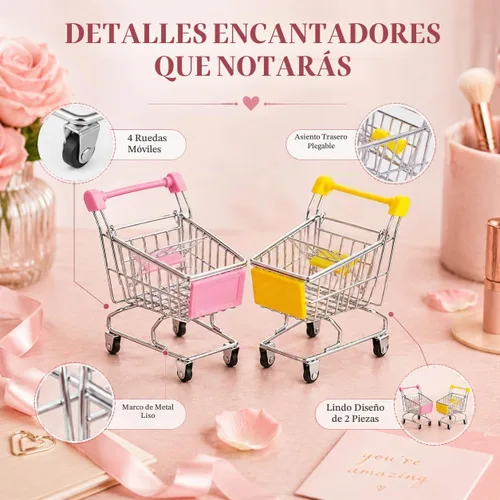 Vista 3 de 2 PC Mini Carrito de la compra Pequeño Carrito de Supermercado Metal Compras Utilidad Supermercado Carro de Mano, Amarillo y Rosa