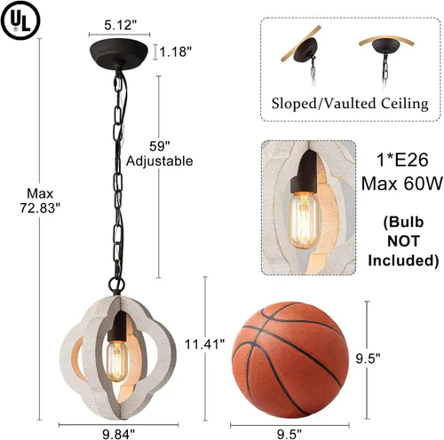 Vista 2 de Luces colgantes modernas de madera de granja de 9.84 pulgadas, orbe de isla de cocina, roble blanco envejecido, lámpara colgante de techo rústica