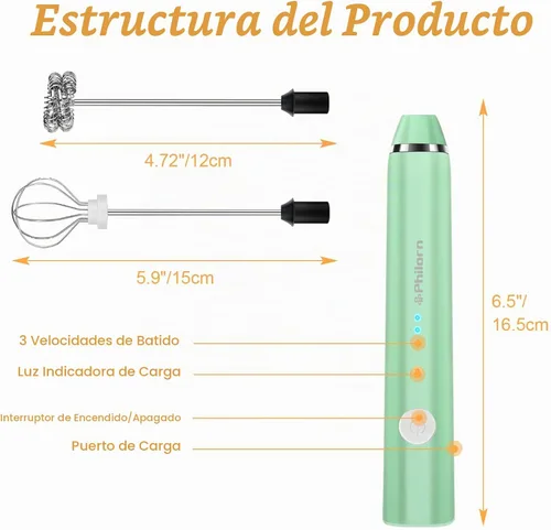 Vista 2 de Philorn - Varilla espumadora de leche recargable eléctrica de mano, batidor mini para café con leche, capuchino, frappé, matcha, chocolate caliente