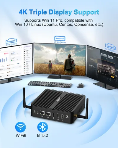 Vista 3 de FANPEEC Mini PC sin ventilador N100 8GB DDR4 128GB MSATA SSD, PC industrial Win11 Pro/Linux, pantalla triple 4K, 2xLAN, 4xUSB, WiFi6 BT5.2, TPM2.0