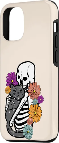 Vista 2 de iPhone 15 esqueleto abrazando flores de gato negro Halloween mujeres niñas caso