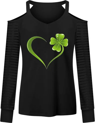 Vista 4 de Camisa del Día de San Patricio para mujer, manga larga, hombros descubiertos, cuello en V, verde irlandés, trébol, camisetas con estampado