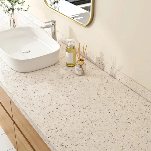 Vista 3 de FunStick 24"x200" Glossy Beige Granite Countertop Contact Paper Beige Terrazzo Wallpaper Peel and Stick Countertops Waterproof Self Adhesive Granite