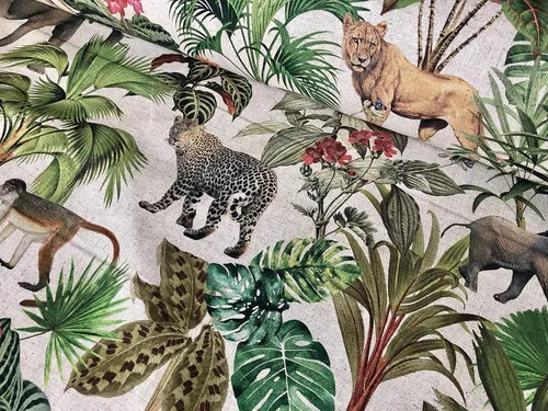 Vista 5 de Safari Zoo - Tela con estampado digital de animales africanos, selva tropical, palmera, hoja de flores, aspecto de lino, 54 pulgadas de ancho