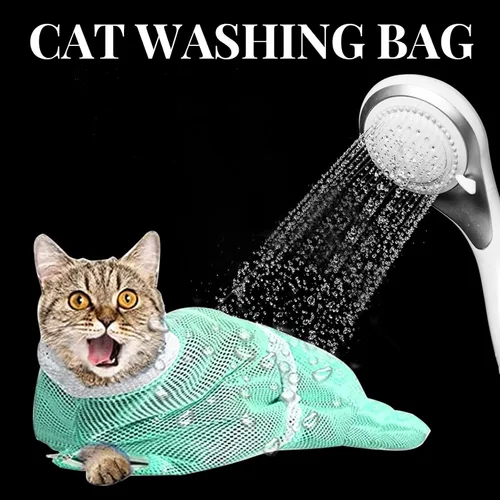 Vista 5 de Bolsa de red de baño y aseo para gatos 2 en 1, ajustable, transpirable para retención e inyección de gatos, toma de medicamentos (verde, gris)
