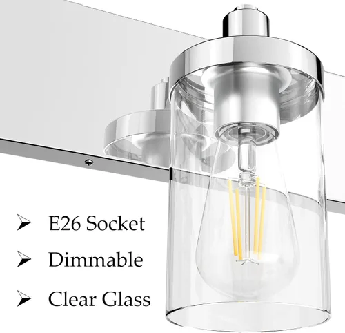 Vista 3 de Aipsun Accesorios de iluminación de tocador de baño, luz cromada, 2 luces, luz de baño de acero inoxidable con pantalla de vidrio transparente