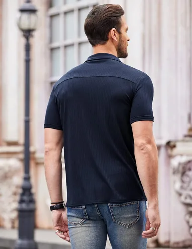 Vista 3 de COOFANDY Camisas de verano con botones para hombre, camisas cubanas de manga corta, camisas de playa ajustadas