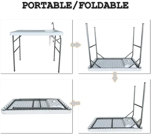 Vista 5 de Mesa plegable de grado comercial de 3.8 pies, mesa de limpieza con fregadero y grifo, plegable por la mitad moldeada por soplado, portátil