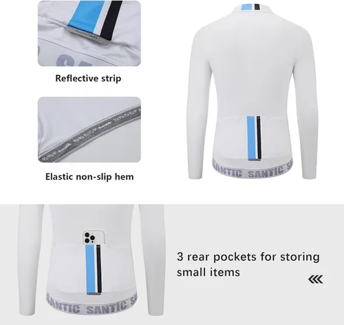 Vista 5 de Santic - Camiseta de ciclismo para hombre, manga larga, reflejante, cremallera completa, con bolsillos