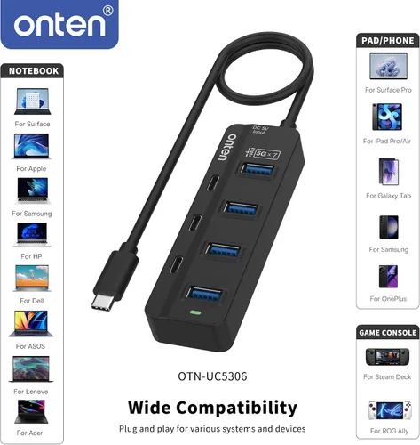 Vista 5 de Onten Concentrador USB C, 7 puertos USB tipo C HUB de 3.2 pies, 4 puertos USB3.0, 3 puertos USB-C para Thunderbolt 3/4 MacBook Surface Pro y más