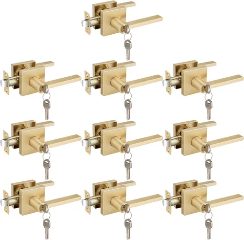 Vista 31 de EHOMEWARE Juego de manijas dobles para puerta delantera, paquete de 1 manija de puerta cuadrada de latón satinado, combinación de perilla de puerta