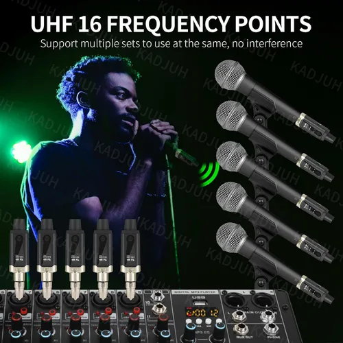 Vista 4 de Transmisor y receptor inalámbrico XLR y receptor transmisor de guitarra inalámbrico, adaptador de micrófono recargable de 16 canales de 196 pies