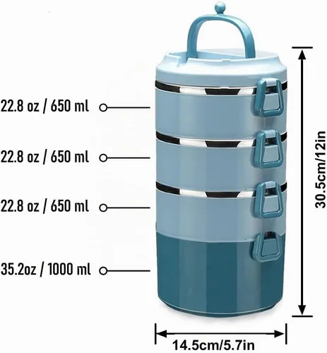 Vista 5 de SANQIAHOME Lonchera apilable de acero inoxidable de 4 niveles sellada (azul, 4 capas) con cuchara y tenedor