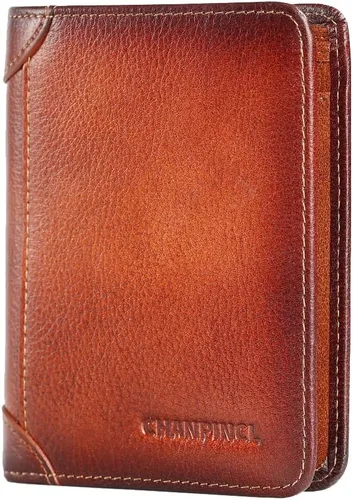 Vista 14 de Billetera de piel triple con bloqueo RFID para hombre con 2 ventanas de identificación, 2 compartimentos para efectivo, 6-8 ranuras para tarjetas