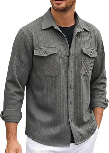 Vista 30 de Camisas con botones para hombre, casual, de manga larga, con cuello jacquard, texturizada, ligera, sobrecamisa, sobrecamisa