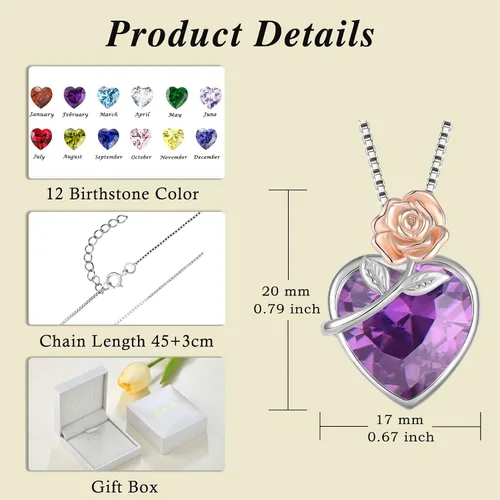Vista 6 de Love Heart Birthstone Necklace for Women 925 Sterling Silver Rose Flower Necklace Dainty Jewelry Gifts for Women Wife Girlfriend Mother Daughter Her
