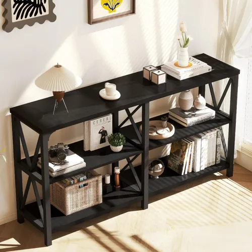 Vista 7 de LVB Mesa Consola Negra, Mesa de Entrada Moderna con 3 Niveles de Estantes de Almacenamiento, Mesa de Sofá Industrial Detrás del Sofá para Sala