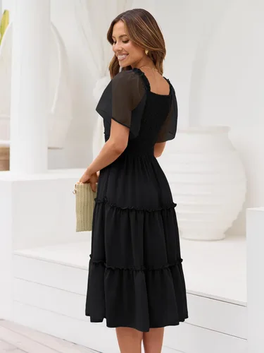 Vista 4 de LILLUSORY Vestido midi fruncido con cuello cuadrado y mangas con vuelo Negro