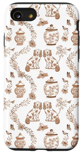 Vista 17 de Funda para iPhone XS Max Preppy Marrón y Blanco Toile Chinoiserie Perros y Jengibre